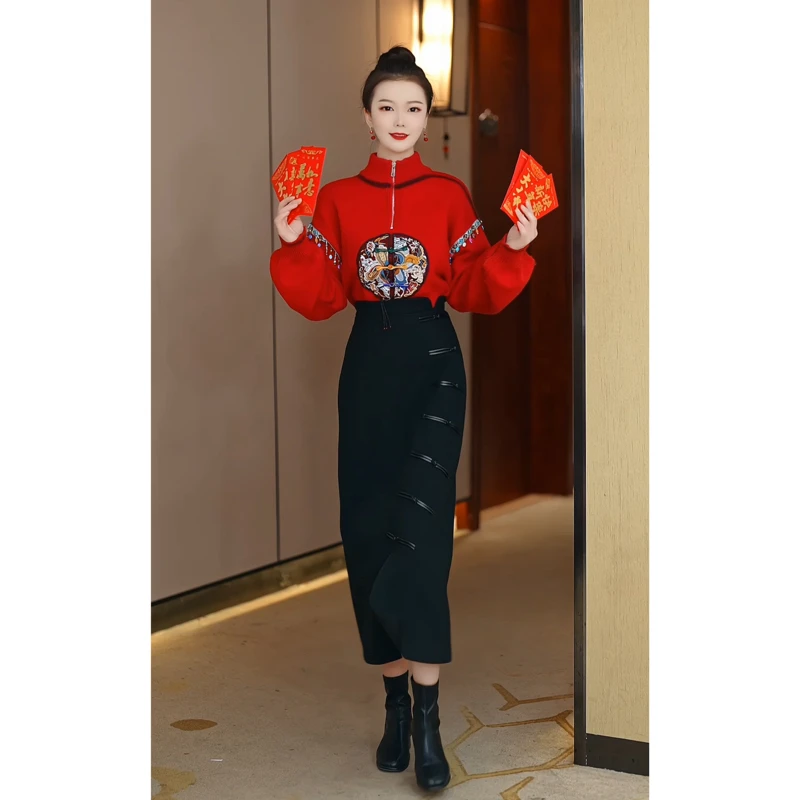 【芙娜妮轻奢】2024新款秋冬气质遮肉显瘦裙子F2333503B