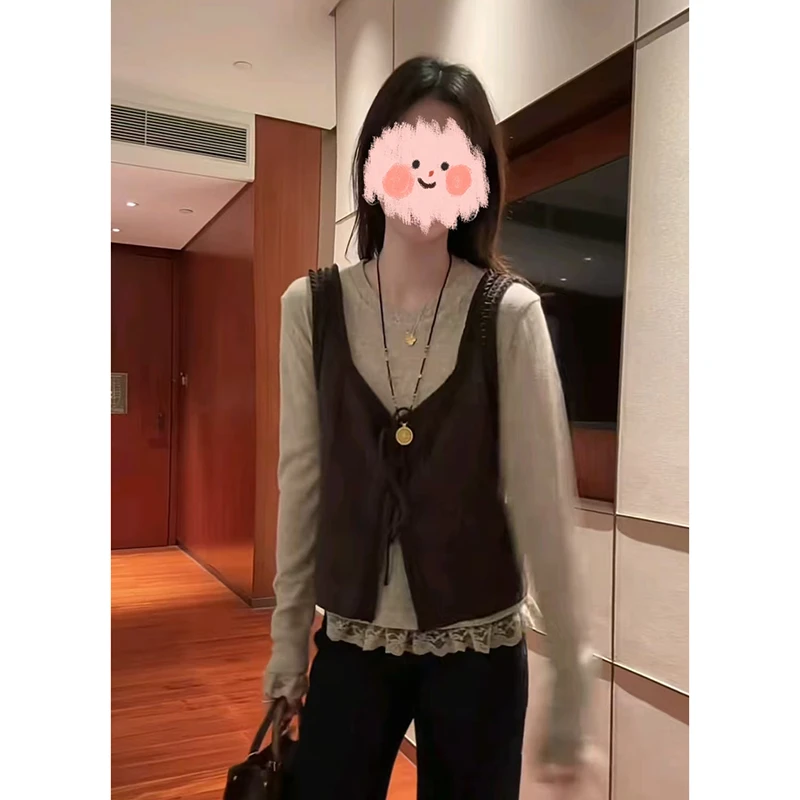 【梦露套装】秋季重工绣花马甲+拼接花边长袖打底两件套装