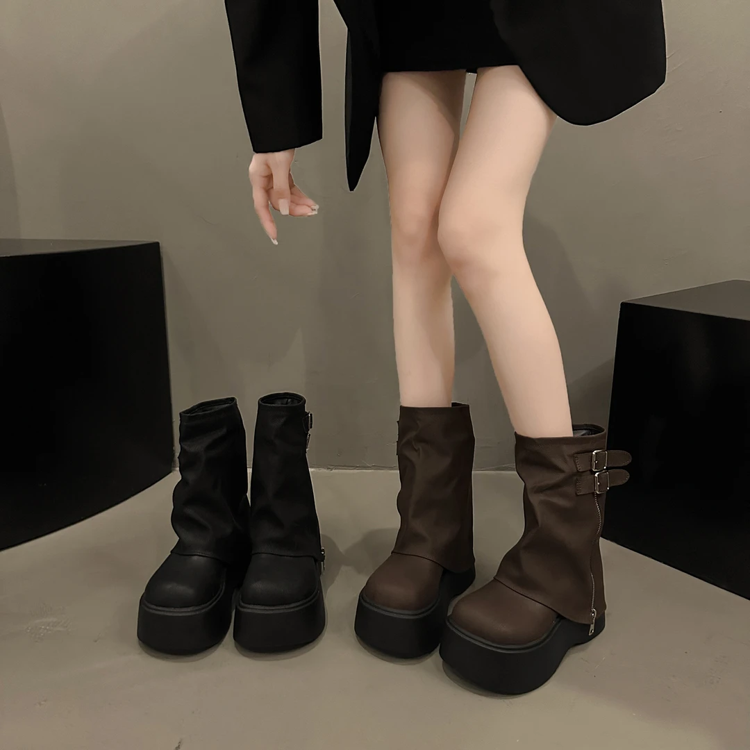 厚底增高短靴女2025夏季新款甜酷辣妹风机车裤管靴黑色松糕马丁靴