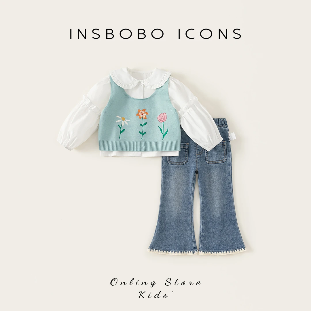 INSbobo女童洋气套装娃娃领衬衫+背心+牛仔喇叭裤三件套CT25118A