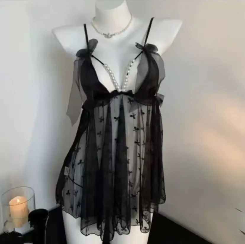 新款诱惑小黑裙纯欲珍珠装饰性感约会战袍无袖透气睡衣女