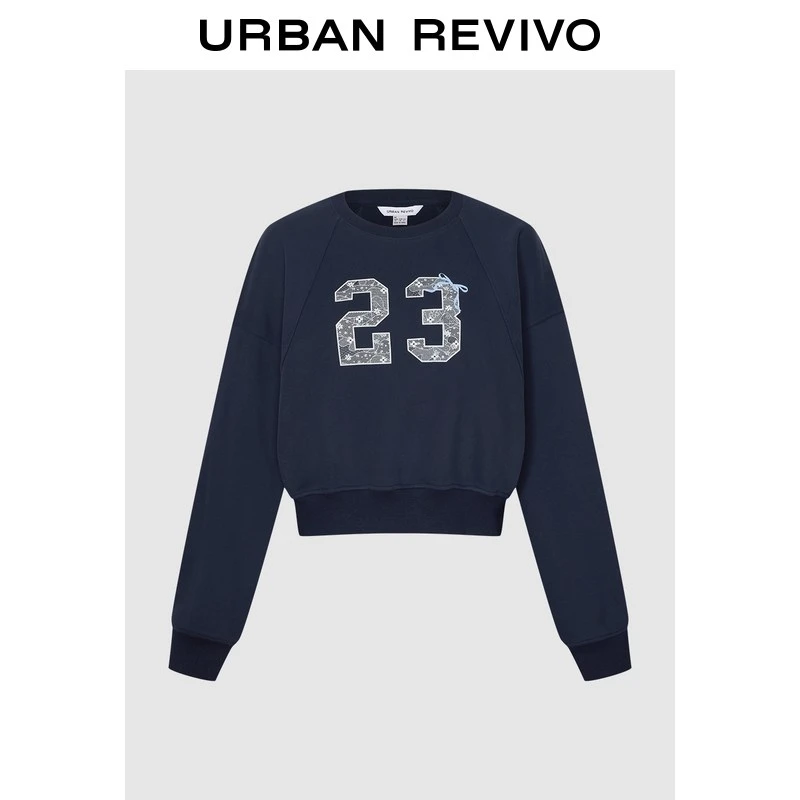 UR2026春季新款女装休闲蕾丝数字刺绣圆领短款卫衣UYY460015