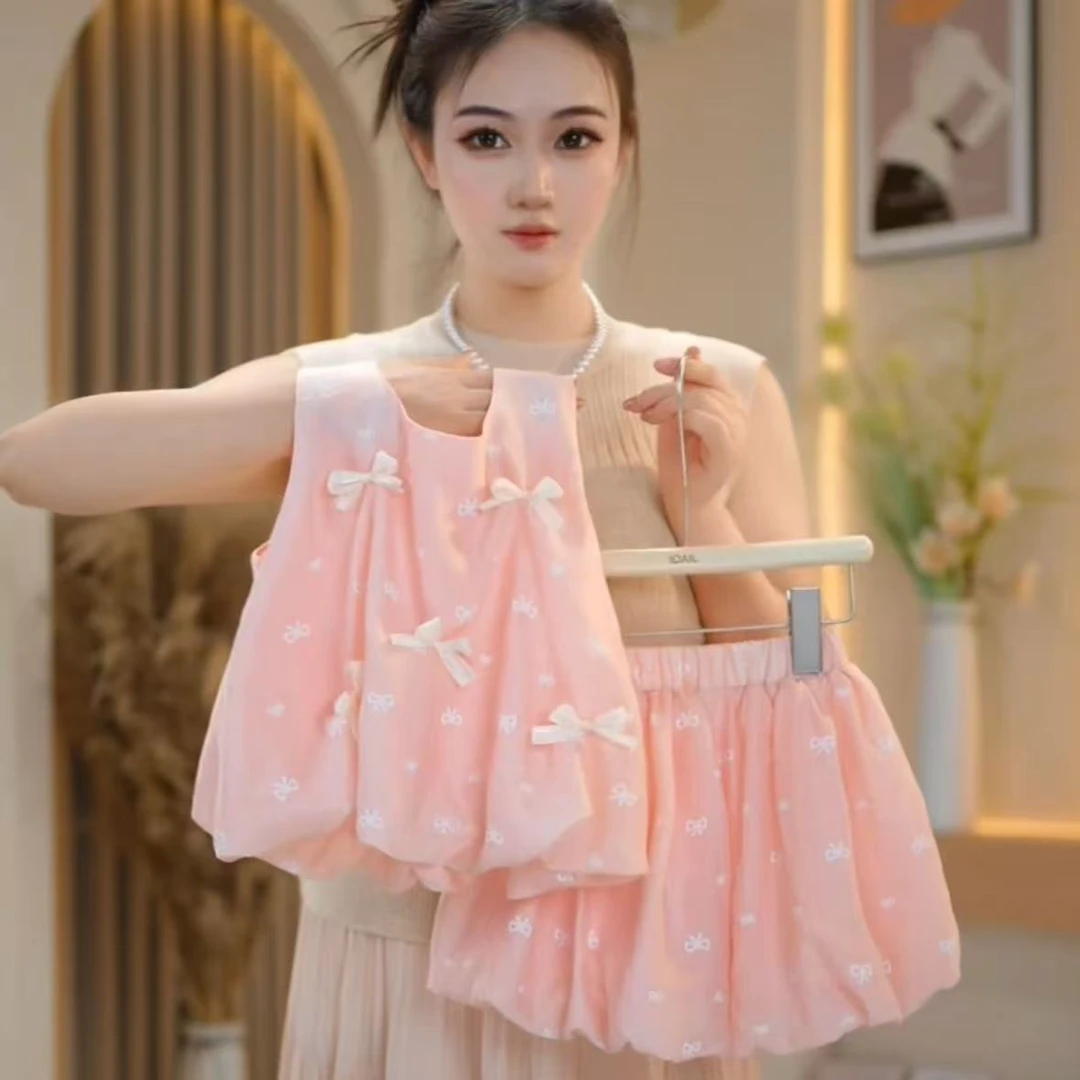 【佳琪妈】2025年夏季韩版粉色蝴蝶结套装-7030#