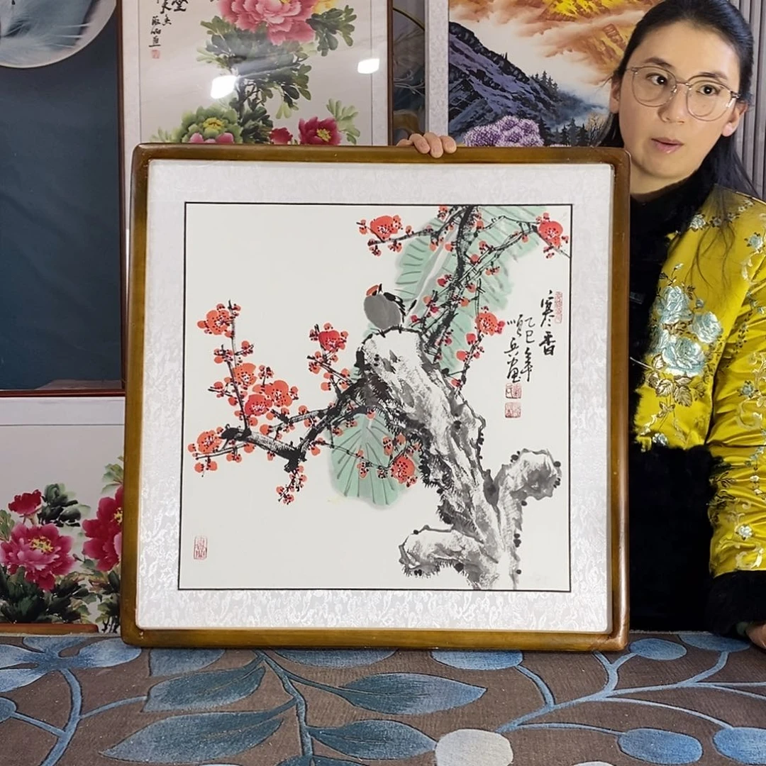 国画手写手绘国画作品带框包邮62✖️62