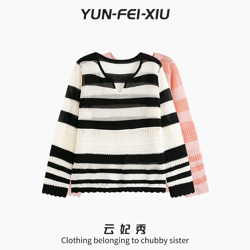 云妃秀大码女装针织衫半开圆领条纹宽松显瘦遮肉胖妹妹秋23203