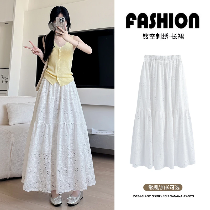 白色镂空刺绣蛋糕裙女春2025新款蕾丝中长款裙子韩版小个子半身裙