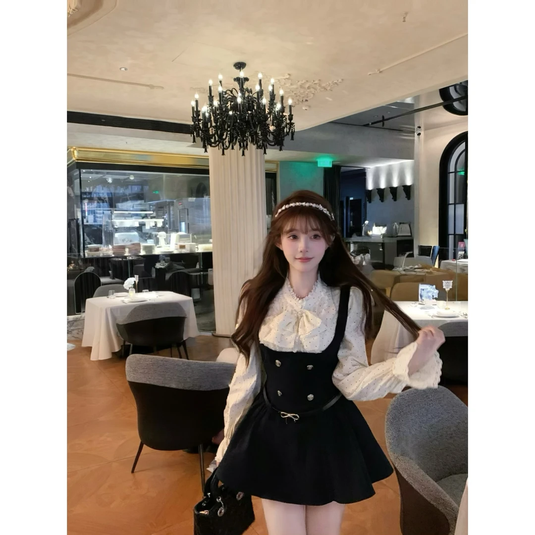 瑞茜·威瑟斯 凡尔赛少女 秋季甜美显瘦波点衬衫吊带裙R1116-1T