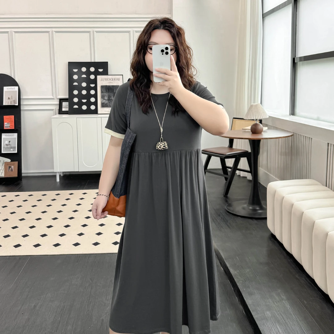 DX7663大码女装【今年流行长裙】撞色拼接圆领短袖200斤显瘦连衣裙