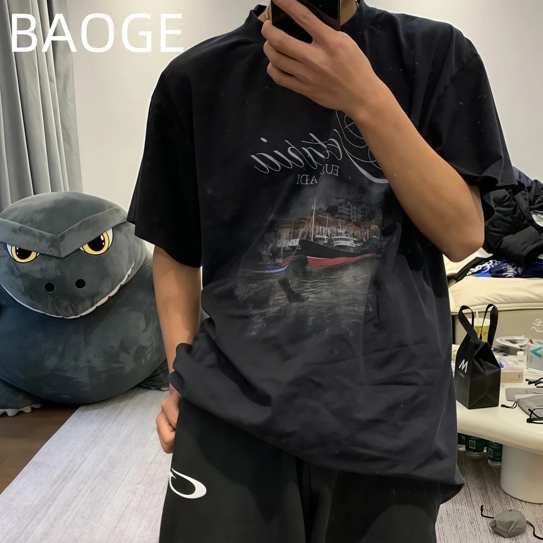 [BAOGE] 25重磅夜景帆船康利直喷短袖棉潮流百搭男女同款宽松版型