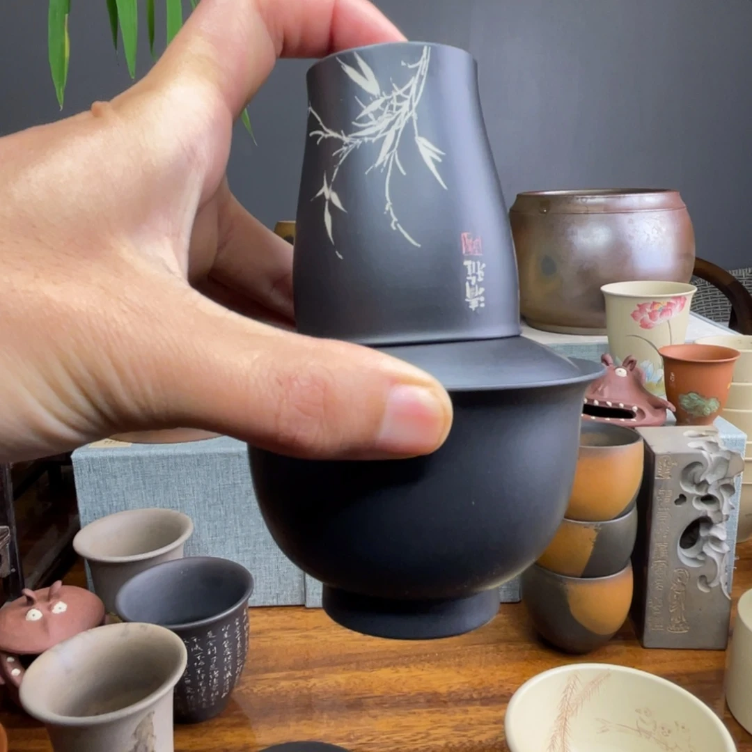 a***w黑色刻填主人杯盖碗