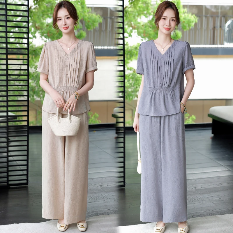2025新款妈妈夏装时尚套装洋气中年女装短袖小衫上衣阔腿裤两件套