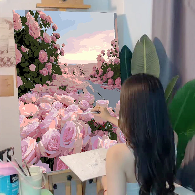 玫瑰数字油画diy填色画画郁金香花卉手工绘填充油彩丙烯数学油画