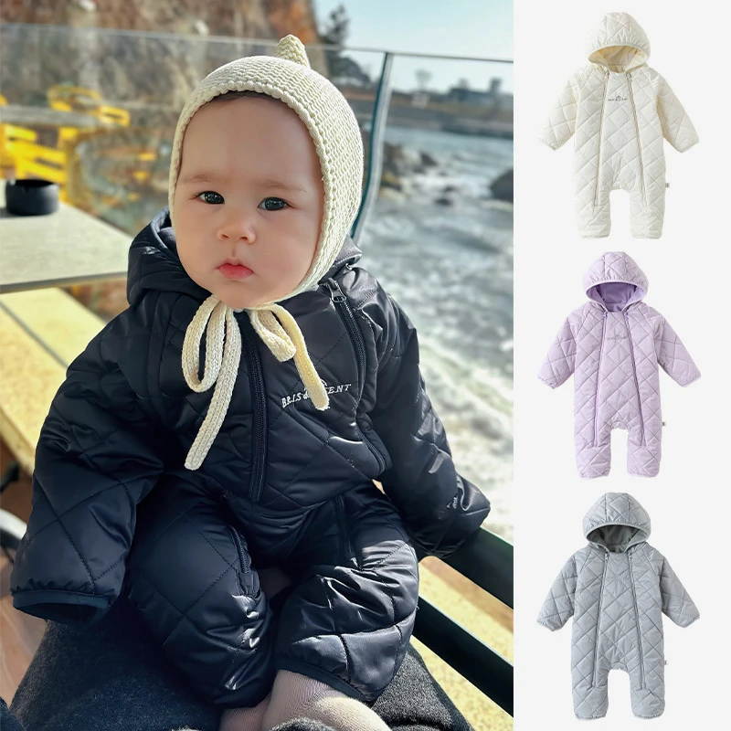 婴儿冬季连体衣2025新款新生儿加绒夹棉衣服男女宝宝连帽外出棉服