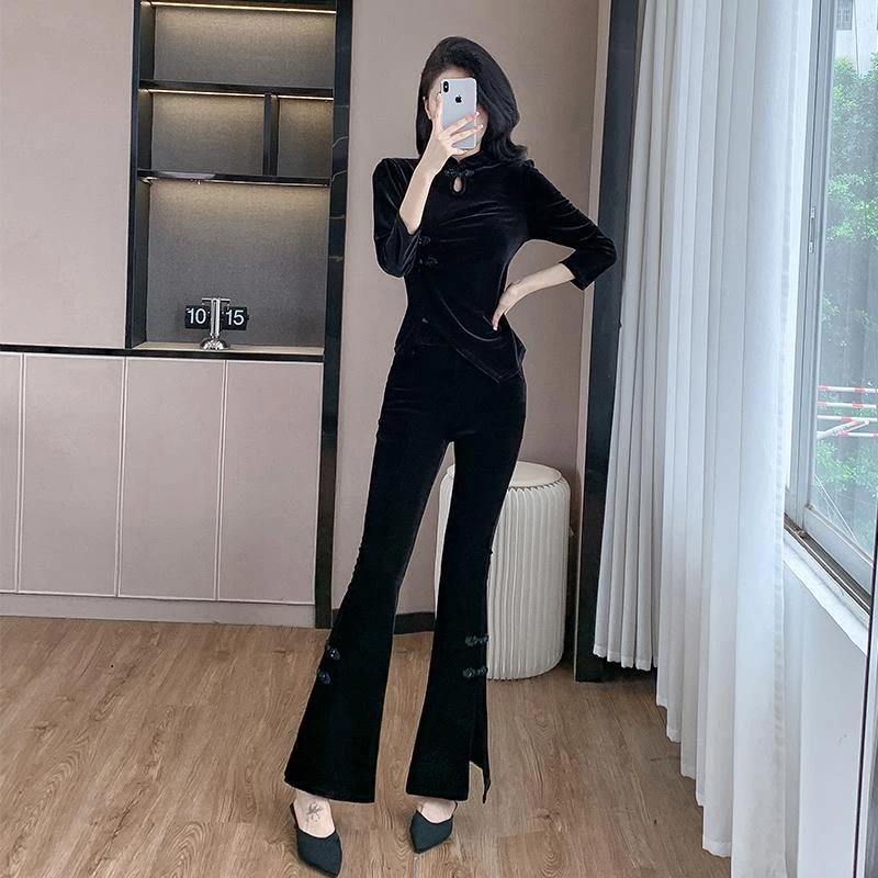 实拍2025黑色改良旗袍上衣金丝绒修身显瘦收腰开叉喇叭裤两件套