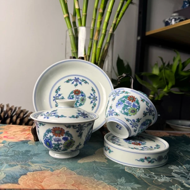 明逸堂全手工斗彩团菊盖碗白瓷茶具壶承茶杯盖置一套高档茶器陶瓷
