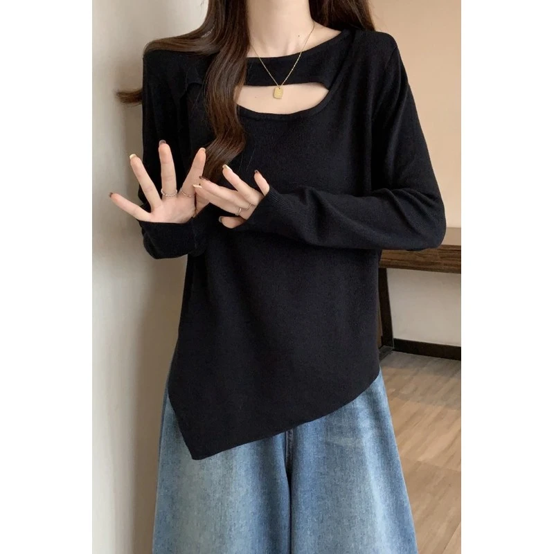 奥特莱斯爆款开衫外套洋气不规则镂空设计感女款秋冬绒感开衫毛衣