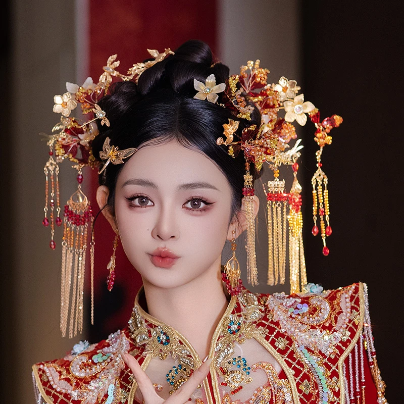 合金婚庆饰品 新娘头饰金红色花朵流苏发簪中式秀禾结婚发饰G0168