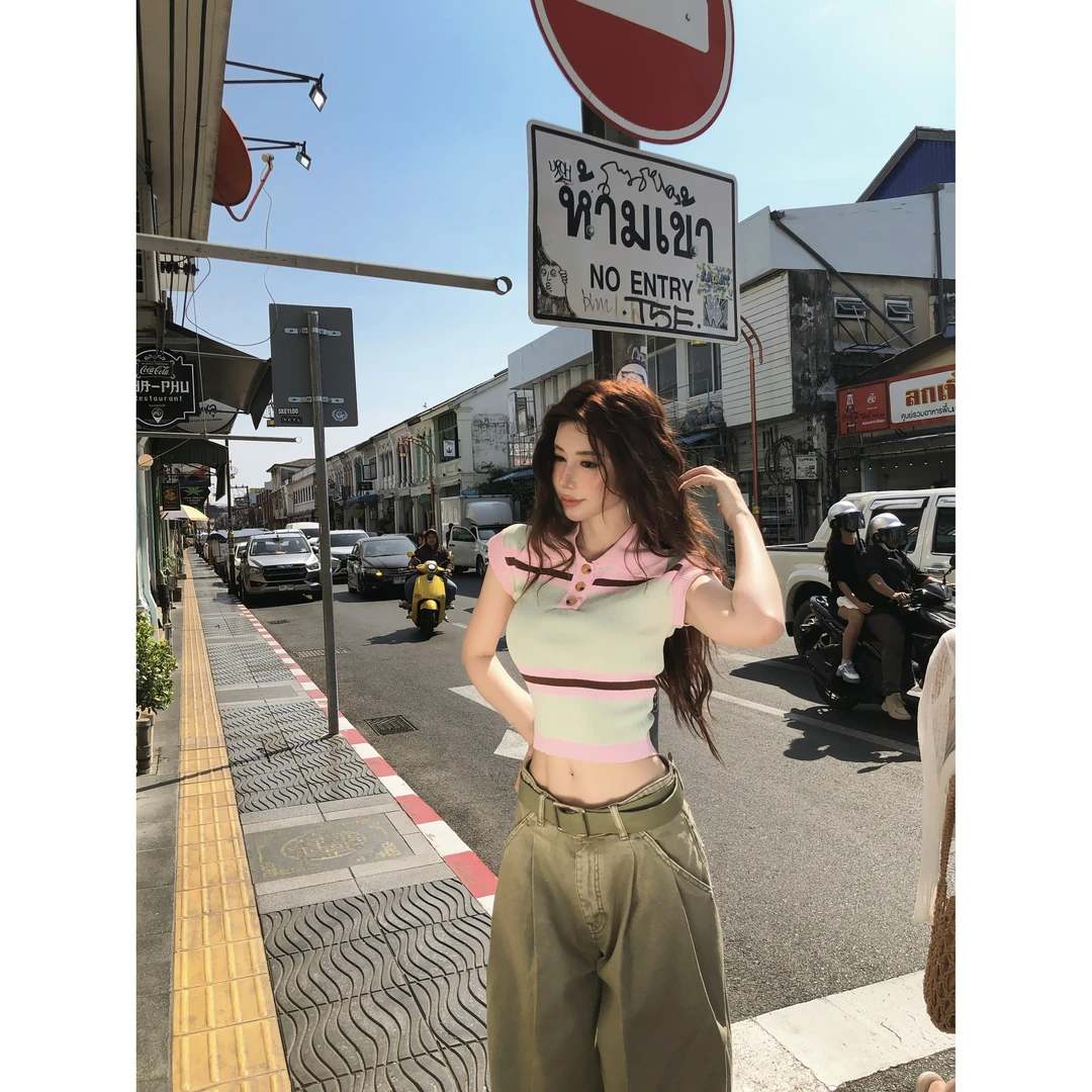 LI【婉君】韩版条纹针织短袖薄荷曼波polo领短款上衣LWJ25A1T350