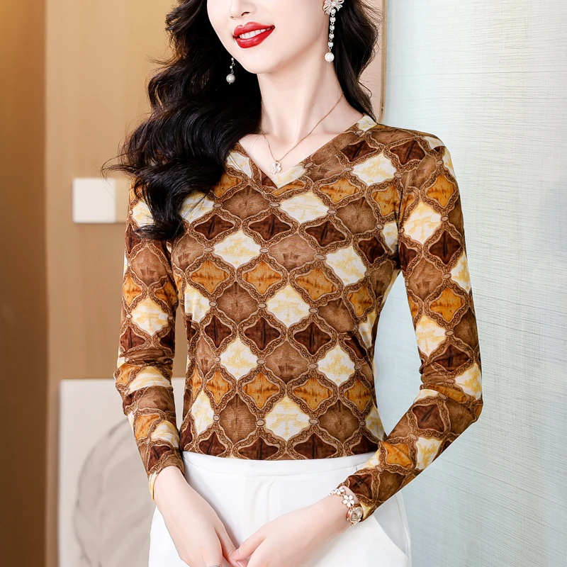 【杨米专属】长袖印花柔软T恤女时尚显瘦气质打底衫舒适法式小衫