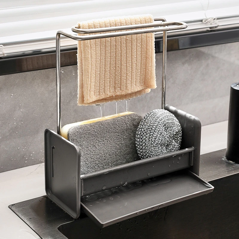 厨房不锈钢抹布挂架海绵抹布沥水置物架带接水盘双杆毛巾收纳架
