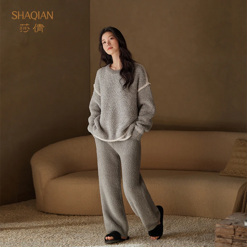 莎倩2025秋冬季新款女士睡衣加厚半边绒保暖家居服外穿珊瑚绒套装