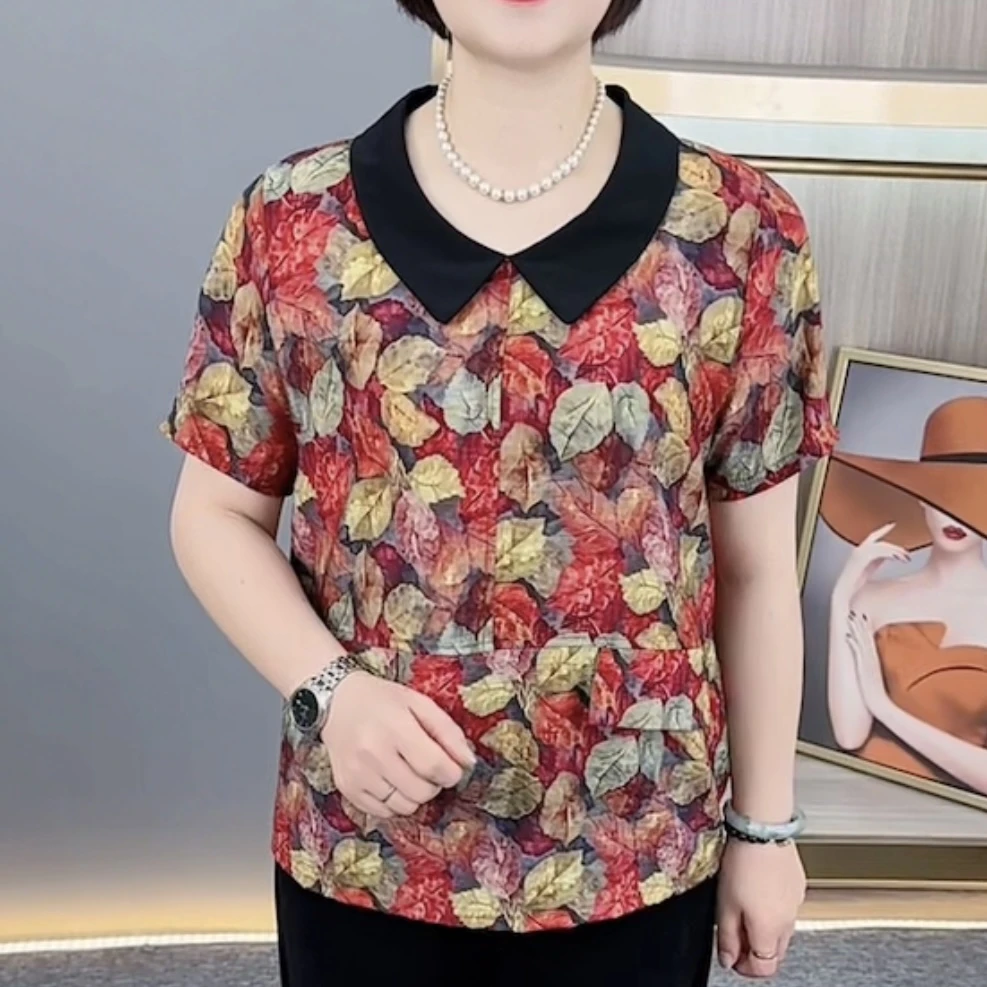 夏季新款时尚翻领中老年气质妈妈装宽松显瘦百搭短袖上衣H568