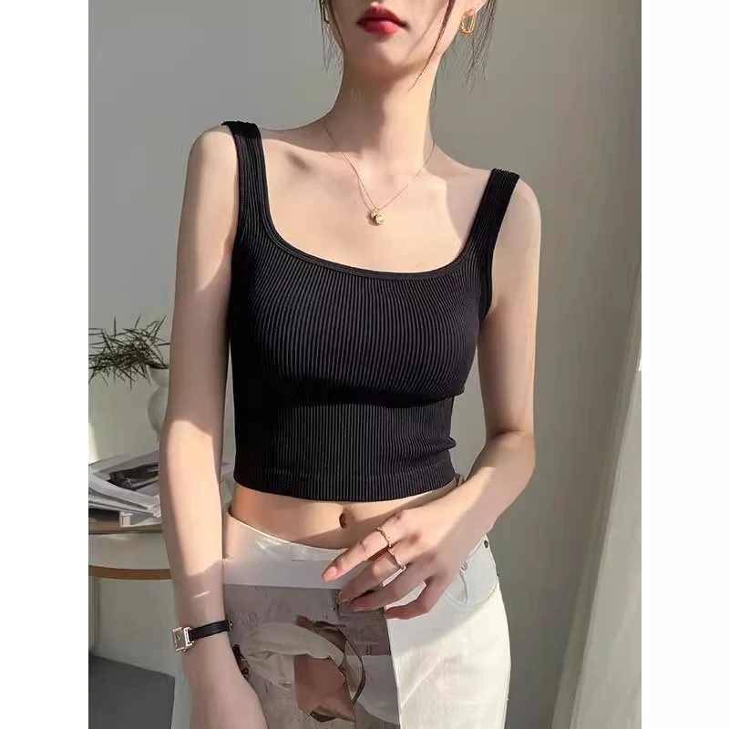 黑色方领针织吊带背心女春夏2025新款打底内搭带胸垫无袖上衣外穿