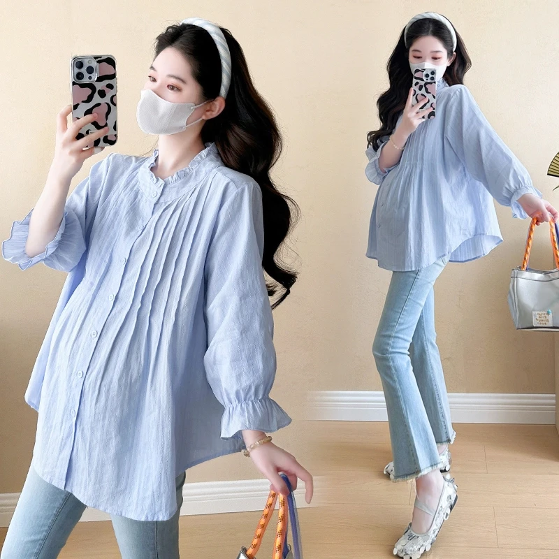 【雅妃家】春秋孕妇装小清新泡泡袖气质衬衫宽松中长款长袖韩版上衣