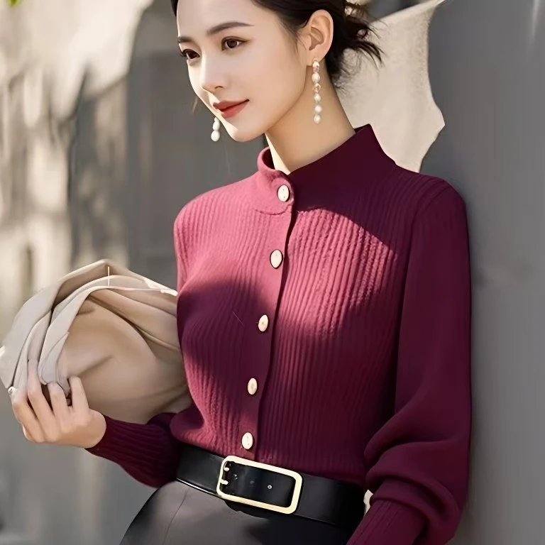 加厚秋冬半高领新款高级感时尚大方得体气质针织开衫外穿女