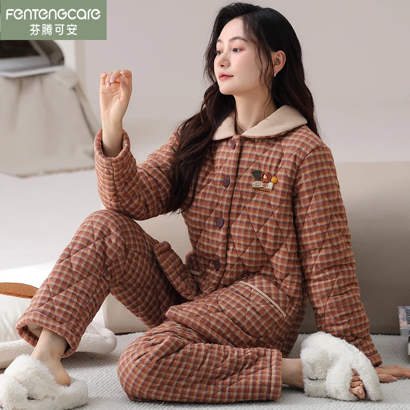 芬腾可安保暖梭织纯棉三层夹棉睡衣女冬季加厚甜美格子家居服套装