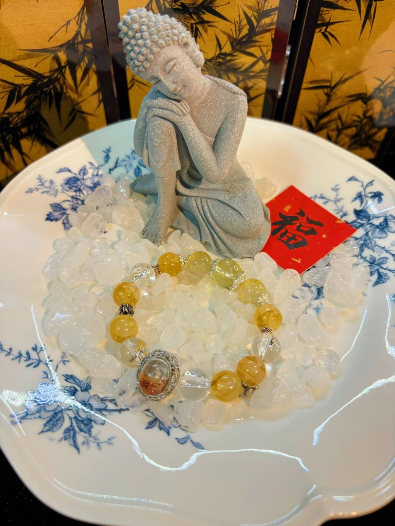 【以太珠宝】天然水晶  黄胶花设计款水晶手串