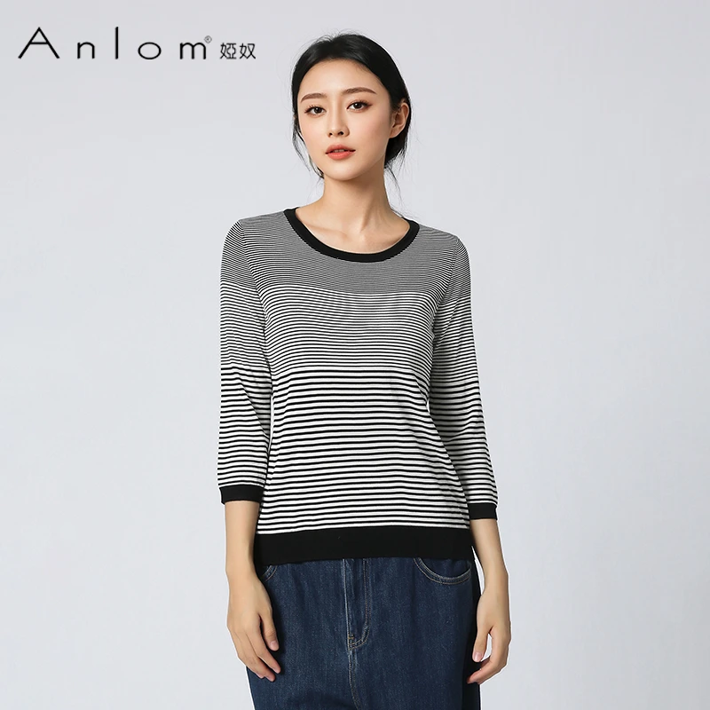 Anlom/娅奴新款文艺休闲亚麻棉混纺条纹百搭16针修身针织衫