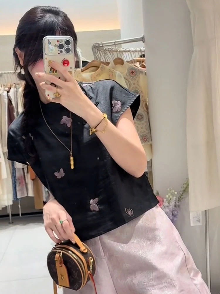 新中式国风复古刺绣蝴蝶黑色短袖衬衫女夏季新款气质显瘦百搭上衣