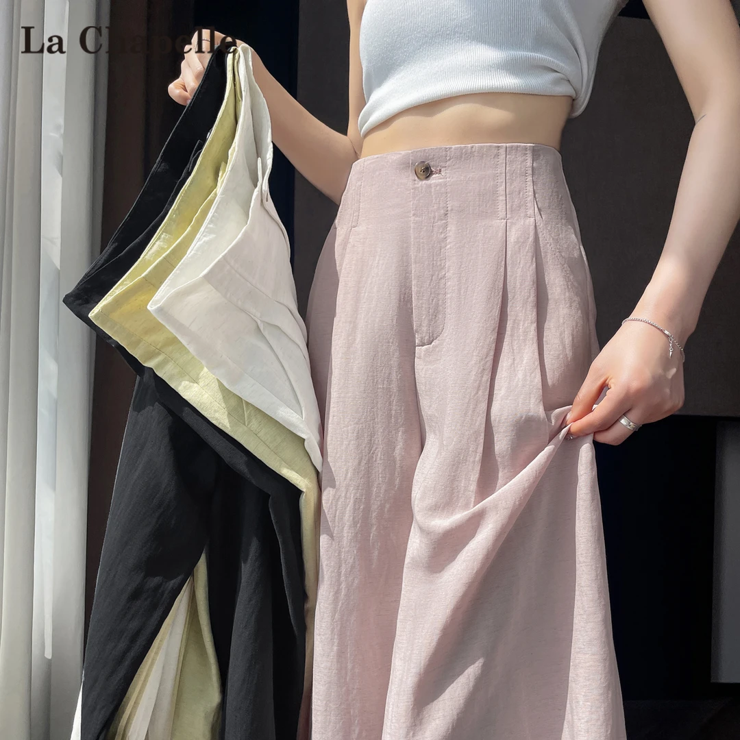 拉夏贝尔冰丝亚麻西装阔腿裤女夏季薄款高腰垂感防晒棉麻山本裤子