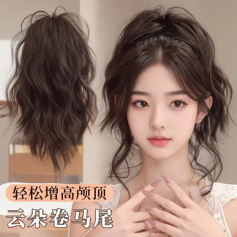云朵烫卷发高马尾假发抓夹喷泉高颅顶水波纹自然蓬松假辫子仿真发