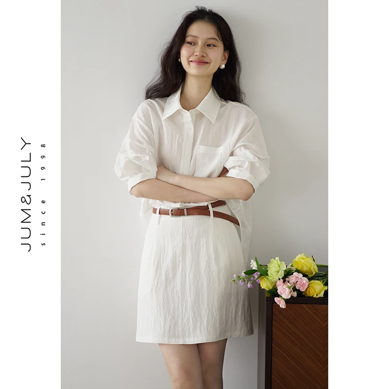 嘉茱莉假两件一体式衬衫连衣裙女2025夏新款小众天丝衬衫裙Q1127