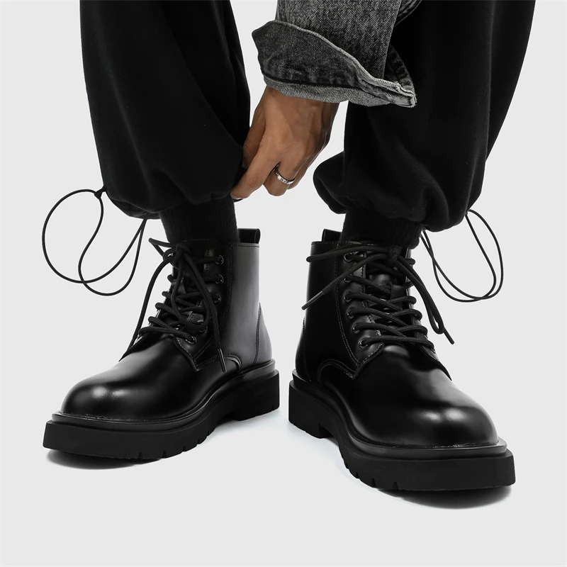 2025厚底马丁靴男鞋英伦风圆头大头皮鞋短靴高帮德比鞋工装皮靴子