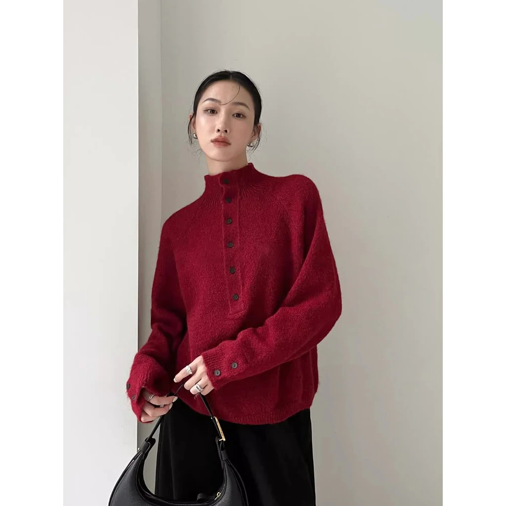 法式复古红色高领软糯毛衣针织衫女秋冬款宽松慵懒高级感内搭上衣