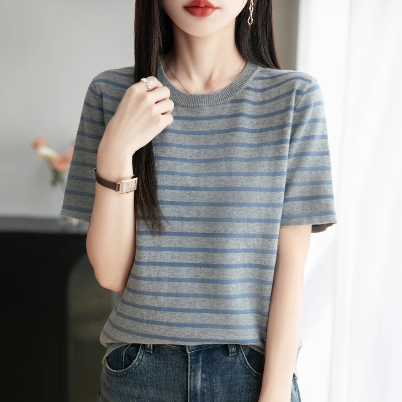 品牌夏季新款短袖针织衫T恤时尚圆领条纹宽松显瘦上衣