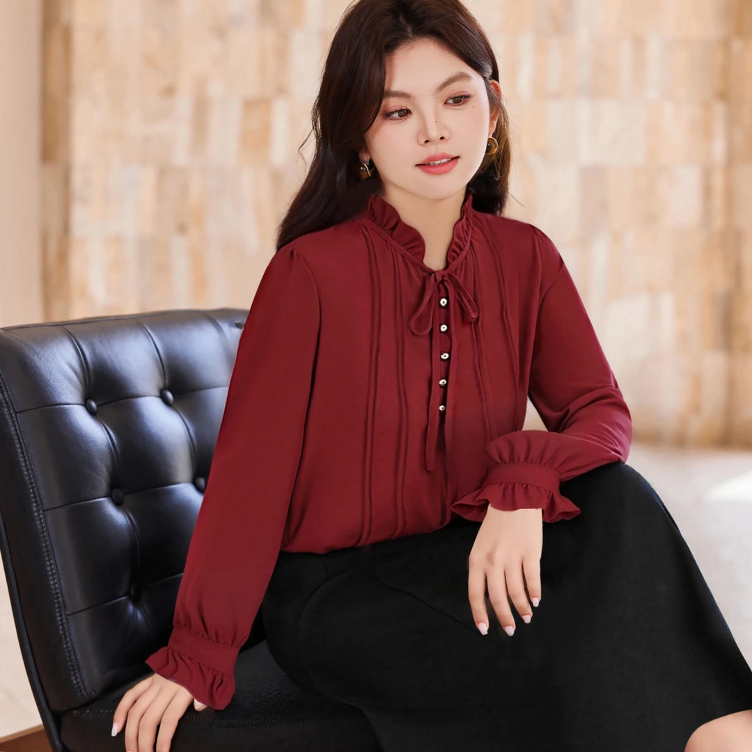 【系带木耳边打条衬衫】MsShe大码女装2025秋显瘦通勤上衣C2508025