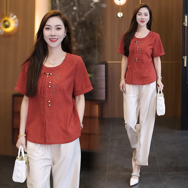 时尚衬衫女2025夏季新款洋气显瘦新中式盘扣百搭刺绣短袖上衣小衫