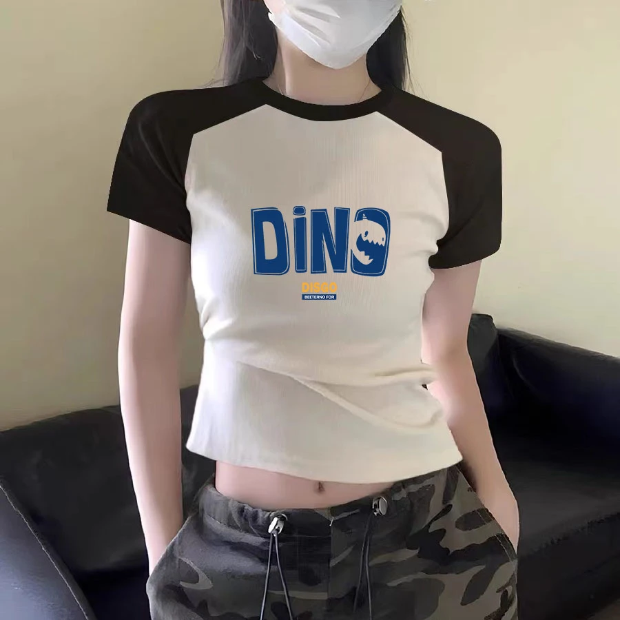 短袖T恤女设计感辣妹露脐不规则显瘦夏季时尚修身撞色拼接短款女