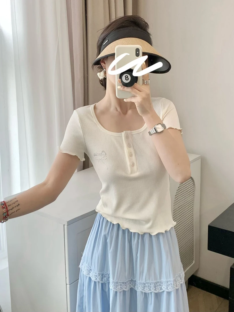 夏季新款 方领烫钻蝴蝶结T恤 #S8147