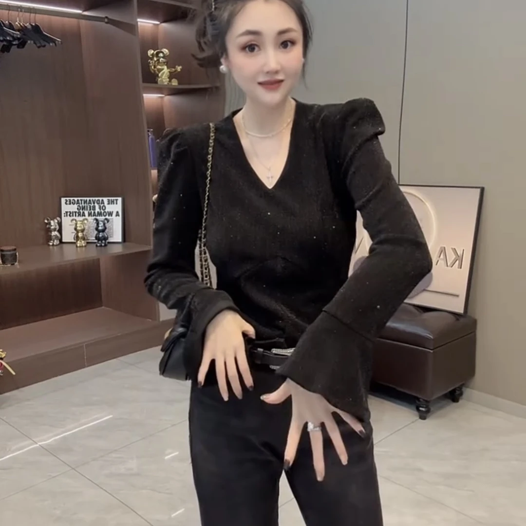 显瘦V领女常规款长袖纯色T恤ins法式小众洋气