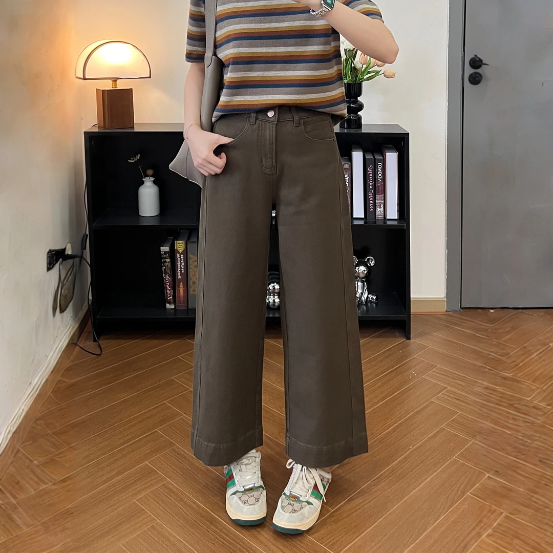 琥珀流光风复古咖色直筒牛仔裤女秋款大码胖mm宽松显瘦九分奶奶裤