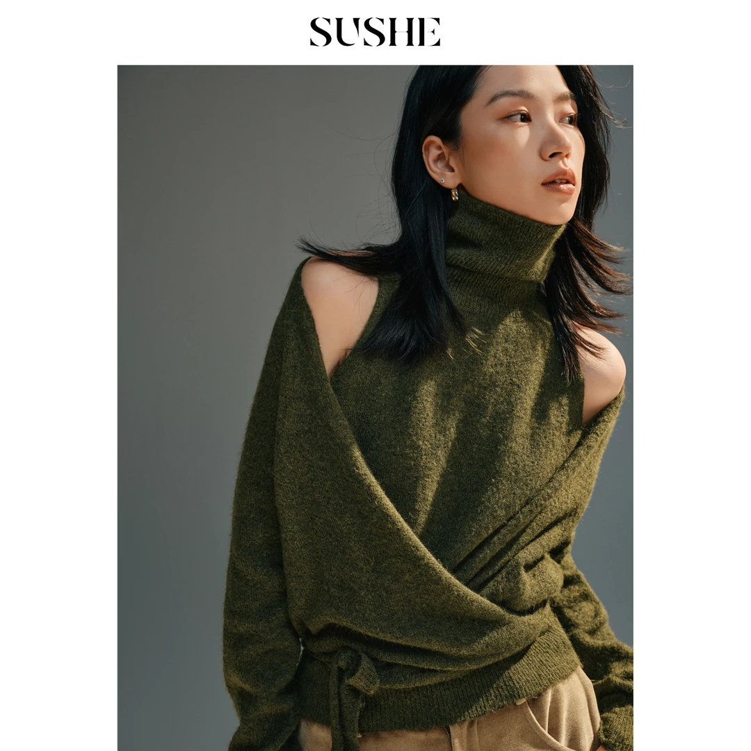 束皙SUSHE 陇暖 解构主义 高弹羊毛交叉系带围裹式高领套头毛衣女