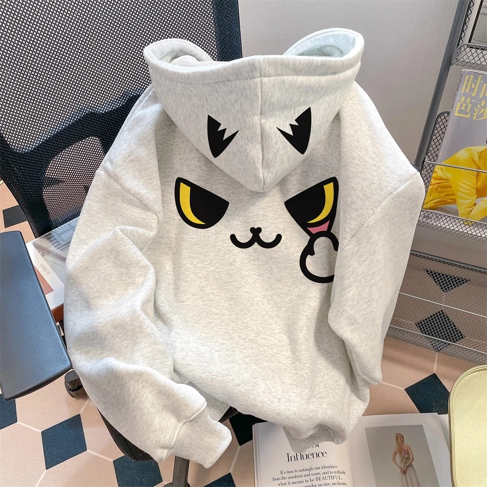 韩版秋冬加绒趣味猫咪印花连帽卫衣男女宽松慵懒风独特超好看上衣