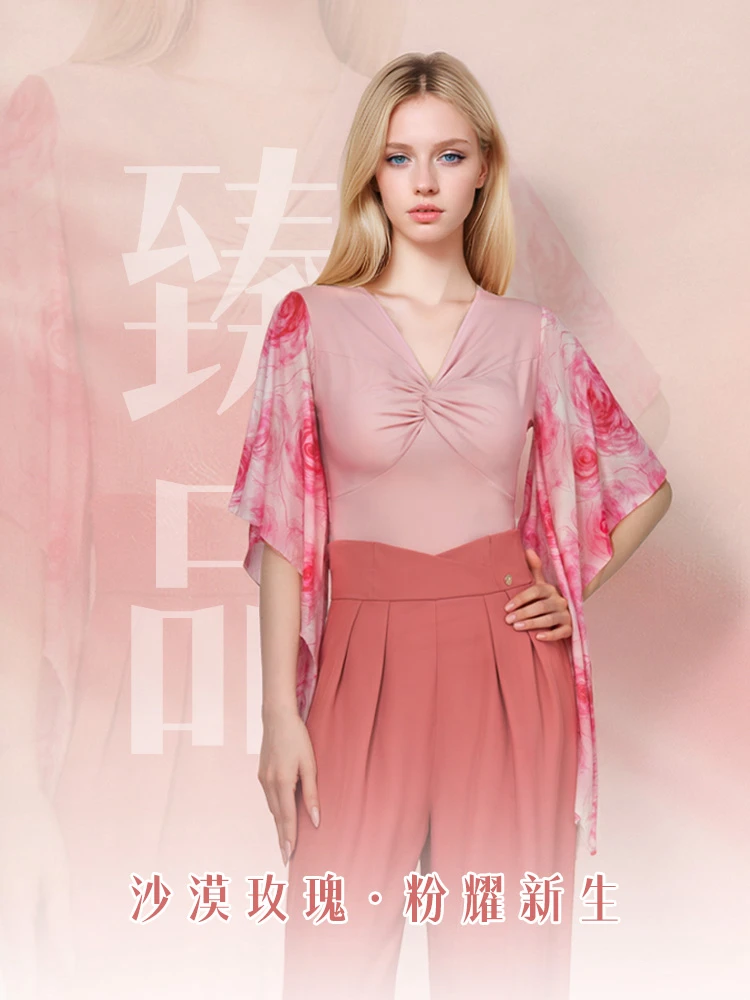 臻品25夏季新品摩登练习服显白玫瑰印花浪漫气质连档上衣透气