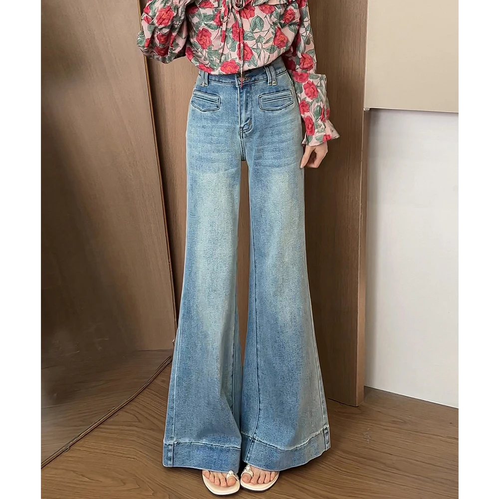 073浅蓝色高腰阔腿微喇牛仔裤女春季宽松显瘦休闲垂感喇叭拖地裤