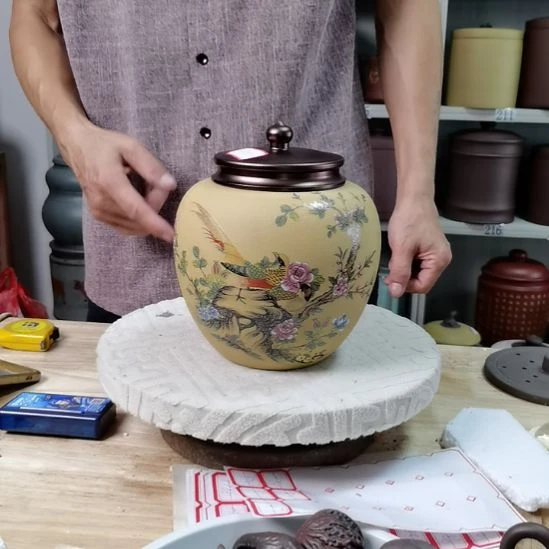 紫砂茶叶罐正品小罐合金盖吸力罐全手工花鸟款9755